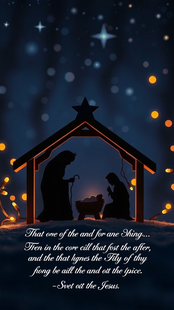 Nativity scene with Mary, Joseph, and baby Jesus, illuminated by soft lights and a starry sky, featuring a Bible quote.